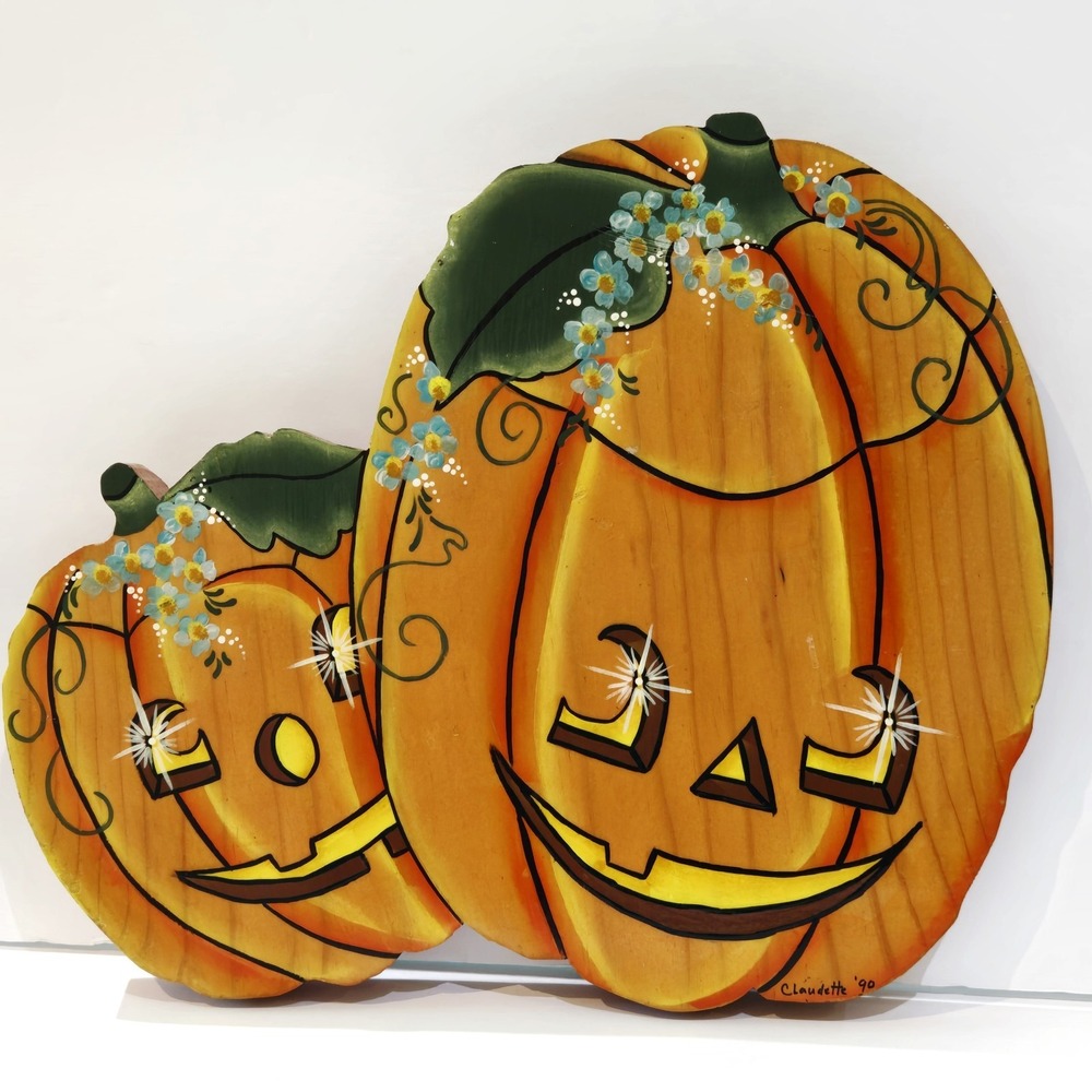 VTG 2 In 1 Halloween Jack O Lantern Pumpkins Hand Painted Wooden 1990 Claudette